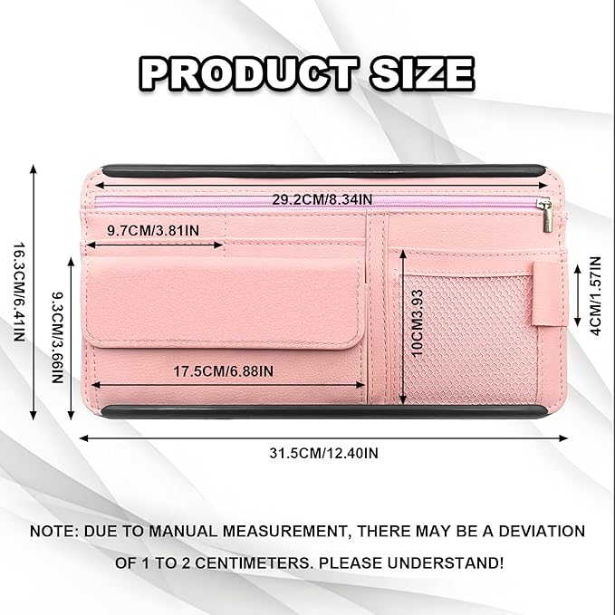 Car Sun Visor Storage Bag, Soft Leather Surface Organizer, Scratch-Resistant Auto Sunshade Organizer Bag, Can Store ID Card, Eyeglasses, Pen, Driving License etc (Pink)