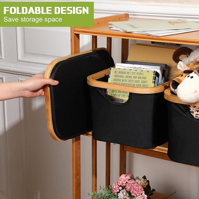 Hushee 4 Pcs Collapsible Storage Basket with Bamboo Handles 15"x10.3"x7.9" Foldable Fabric Storage Bins for Organizing Shelve