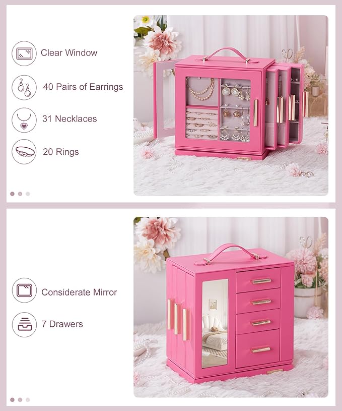 Homde Jewelry Box 360° Rotating, Necklace Earring Organizer with Transparent Window, Mirror, 7 Drawers, Large Ring Display St