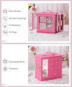 Homde Jewelry Box 360° Rotating, Necklace Earring Organizer with Transparent Window, Mirror, 7 Drawers, Large Ring Display St