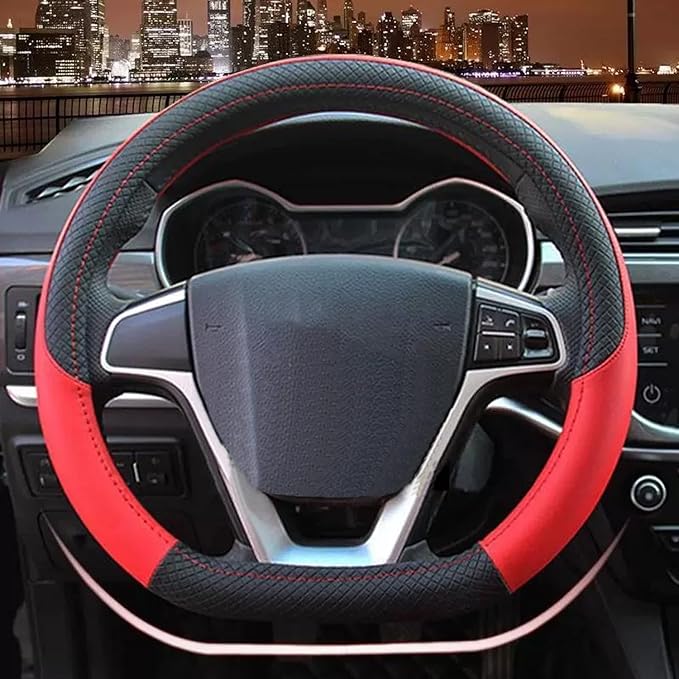 D Shape Car Steering Wheel Cover, Universal 15 inch Stitching Color Anti-Slip Steering Wheel Protector, Black and Red Sports 