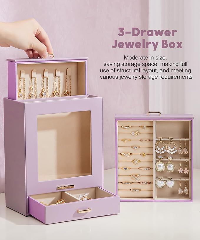 Homde Jewelry Organizer Girls Women Jewelry Box for Necklaces Rings Earrings Gift Bracelets Storage Case (Grey Purple + Gold)