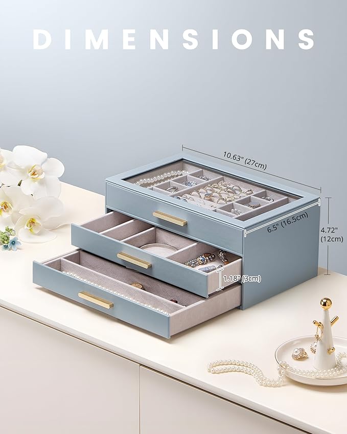 Lolalet Jewelry Box Organizer, 3-Layer Jewelry Organizers and Storage Case with Glass Lid, Ring Earring Bracelet Necklace Hol