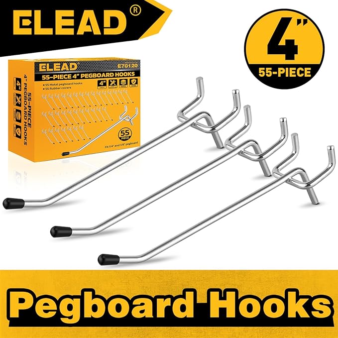 ELEAD 55-Piece 4 Inch Pegboard Hooks, Heavy Duty Peg Board Organizer Accessories, Peg Board Tool Hangers Fit for 1/4" and 1/8