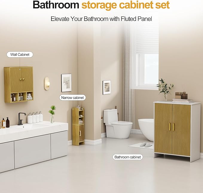 Bathroom Wall Cabinet,Wooden Medicine Cabinet with Fluted Doors Over The Toilet Storage Cabinet with Adjustable Shelf for Bat