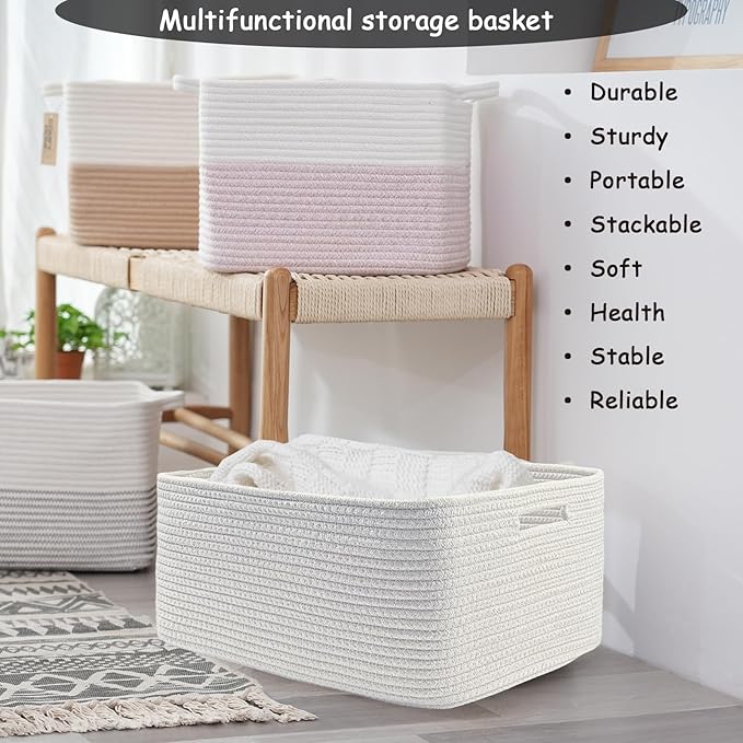 COMFY-HOMI 3 pcs Large Storage Baskets for Shelves, Laundry Basket, Woven Rope Basket, Closet Organizer Bins for Clothes Blan