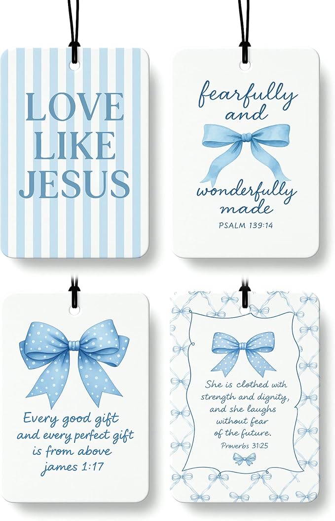 Inspirational Christian Car Air Freshener 4 Pcs, Blue Coquette Bow Religious Hanging Air Freshener for Cars Closet Drawer Boo