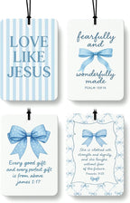 Inspirational Christian Car Air Freshener 4 Pcs, Blue Coquette Bow Religious Hanging Air Freshener for Cars Closet Drawer Boo