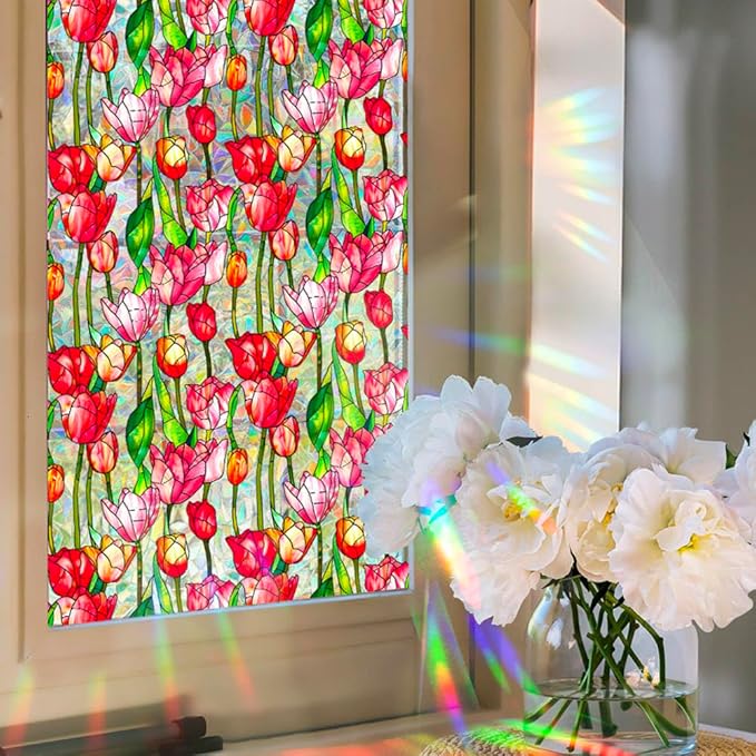 JOONOR Retro Tulip Flowers Window Privacy Film,Stained Glass Decals Colorful Floral Privacy Rainbow Decals Living Room Sun Blocking Decor Removable Static Cling Stickers,16.93 x 39.37 Inch