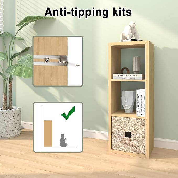 CTESNE【2026 Wooden Thick Frame 3 Cube Storage Organizer Shelf with Anti-Tipping Kits + Reversible Open Back Bookcase, Horizon