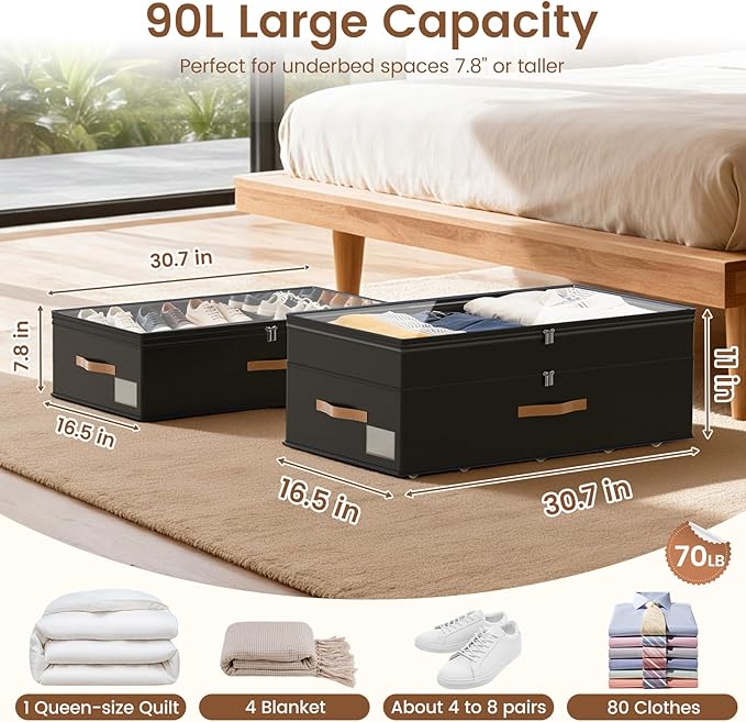 Under Bed Storage with Wheels, 2-Pack Underbed Storage Containers, No Assemble 11 inches 90L XXL Large Adjustable Storage Bin
