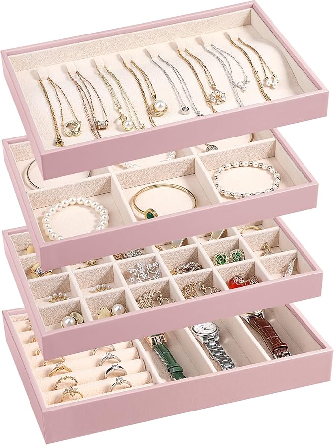 LANDICI Stackable Jewelry Organizer Trays 4 Set,PU Leather Jewelry Organizer Drawer,Jewelry Storage Display Tray for Earring 
