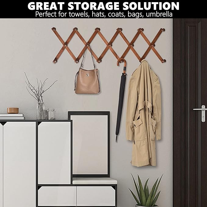 Amber Home Wood Accordion Wall Rack 17 Hooks (Pegs), Expandable Wall Mounted Hanger for Coat, Hat, Scarf, Coffee Mugs, X Shap