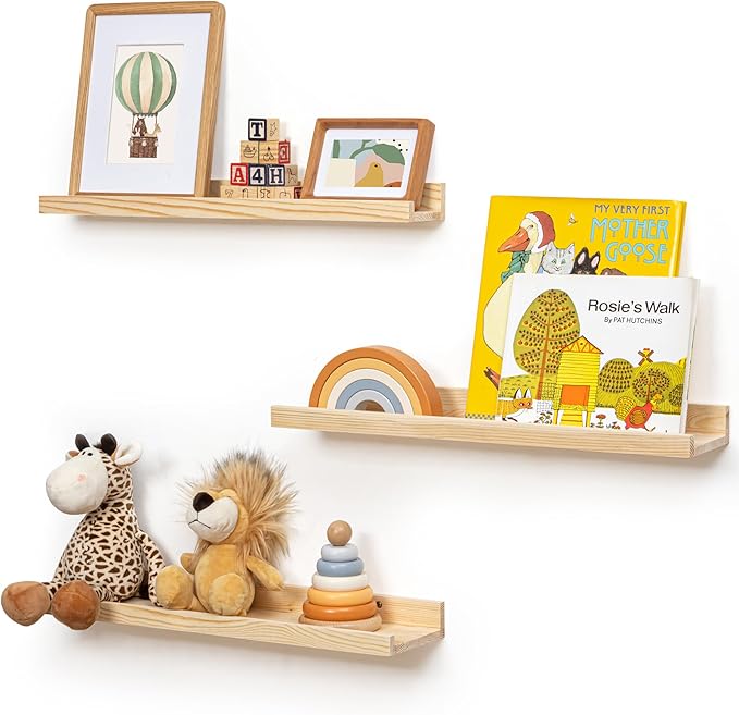 Picture Ledge Shelf for Wall, 24 inches Solid Pine Wood Nursery Book Shelves 3 Packs, Floating Ledge Shelves for Kids' Room B