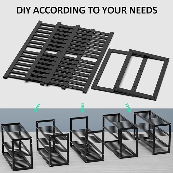 Jripae Bamboo Shoe Rack for Entryway, Stackable 3 Tier Shoe Organizer Shelf Storage 9-12 Pairs Shoes Stand Cubby for Closet D