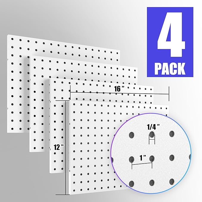 Spampur Peg Board, 4 Pack Metal Peg Board Panels, White PegBoard Wall Organizer for Gaming Room, Office, Craft Room Storage a