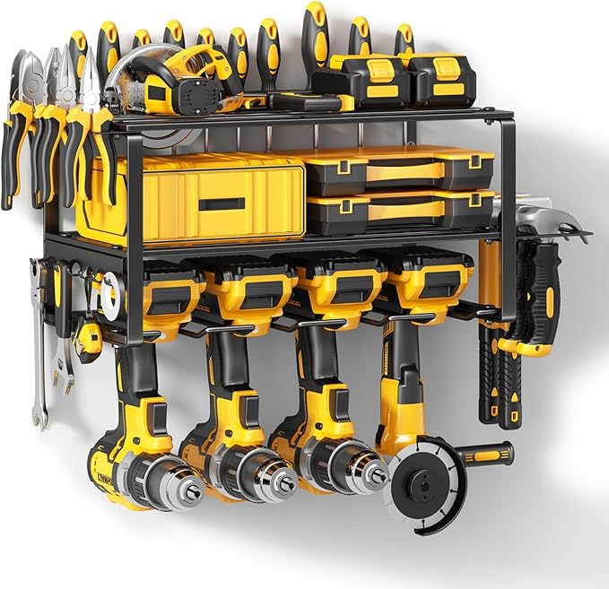 Power Tool Organizer Wall Mount - 200Lbs Load 3 Layers Storage Rack with 4 Drill Holders for Drills Cordless Tools. Heavy Dut