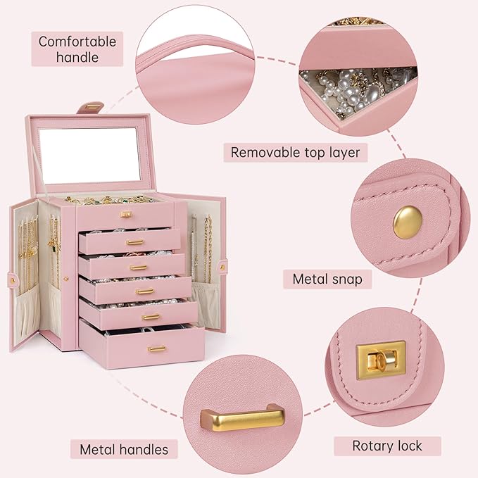 AKOZLIN 6-Tier Jewelry Box Organizer Functional 5 Drawers Leather Jewelry Storage Case for Women Girls Ring Necklace Earring 