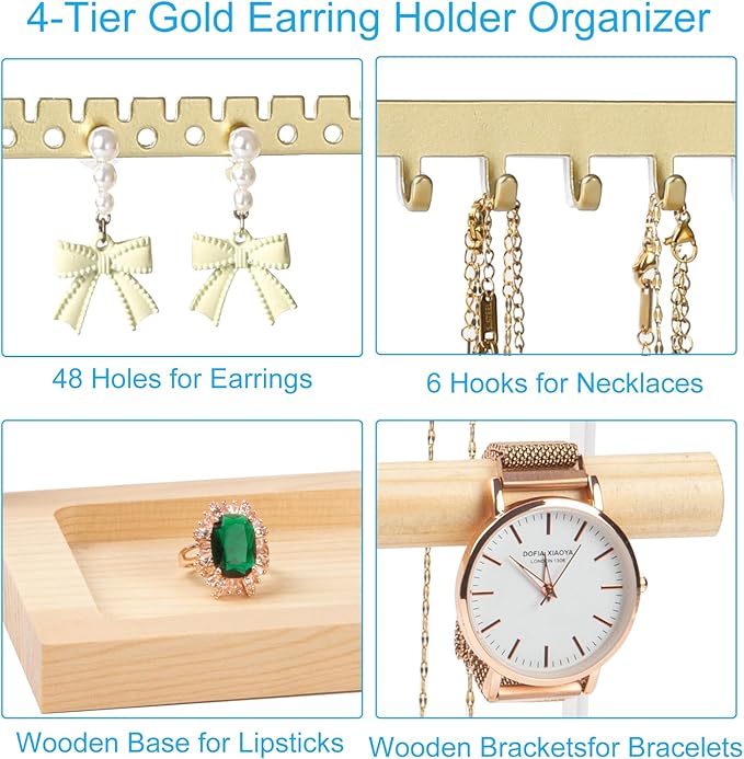 Jewelry Organizer Stand, Jewelry Holder, Lengnoy 4 Tier Earring Holder with 48 Holes and 6 Hooks Necklace Organizer Wood Box 
