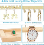 Jewelry Organizer Stand, Jewelry Holder, Lengnoy 4 Tier Earring Holder with 48 Holes and 6 Hooks Necklace Organizer Wood Box 