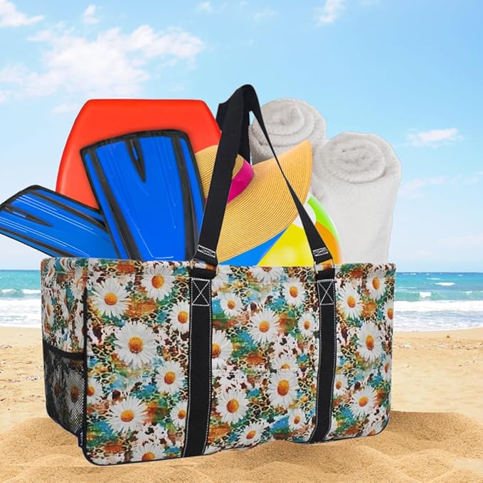 NGIL Extra Large Utility Tote Reusable Grocery Bag Oversized Collapsible for Groceries, Storage, Picnic, Beach (Wildflower-Black)