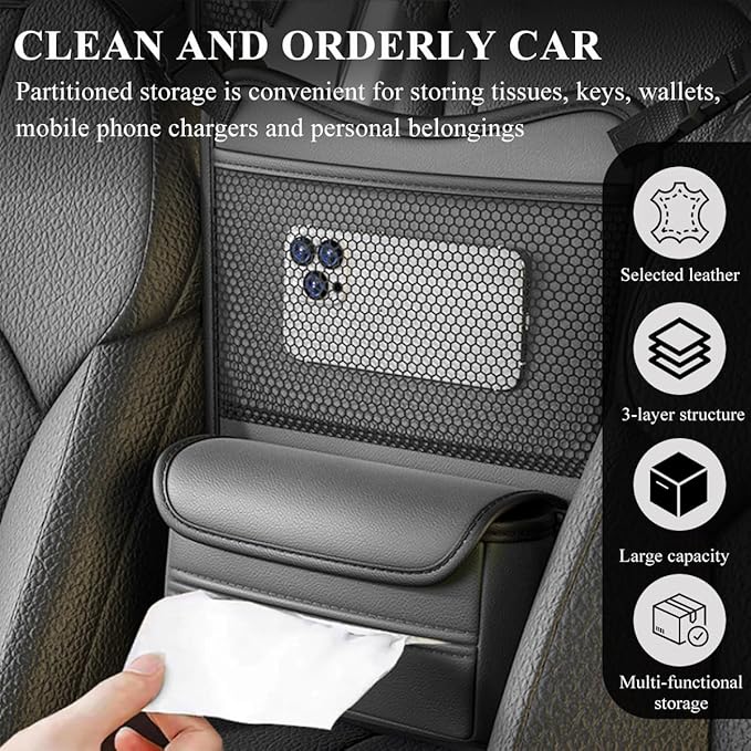 Car Organizer Storage Between Seats, Leather Large Capacity Automobile Handbag Hanging Store Content Bag, Auto Console Organizer Holder for Snack Phone Document Storages, Car Accessories (Gray)