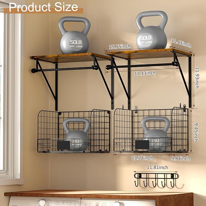 Laundry Room Shelves Wall Mounted with Wire Baskets, Over the Washer and Dryer Shelf with Clothes Drying Rack, Wire Shelves B