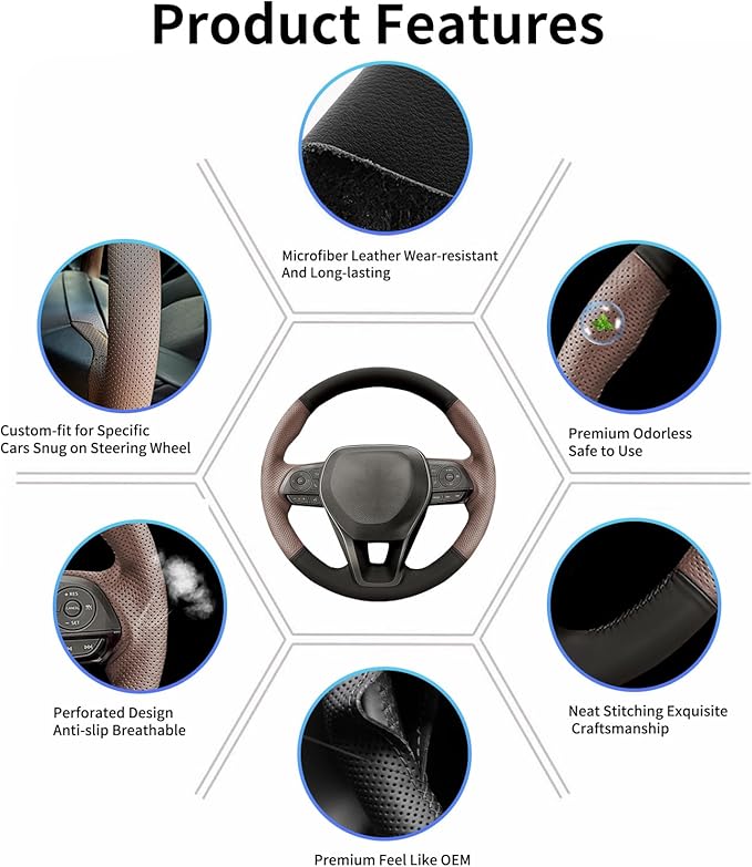 Genuine Leather Hand Sewn Steering Wheel Cover for Toyota RAV4 SUV 2019-2024 /Avalon 2019-2022 /Camry 2018-2024 /Corolla 2020-2025 Accessories, DIY Sew On Full-Wrap Steering Wheel Cover(Brown)