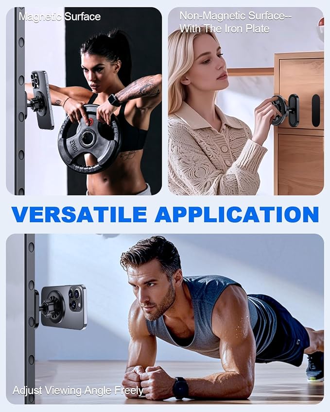 UBeesize Gym Magnetic Phone Holder, 1-Sec Install 360° Adjustable Ball Joint and Durable Base, Dual Magnetic Phone Mount with Smartphones, Works on Any Surface (Metal Plate and Ring Included)