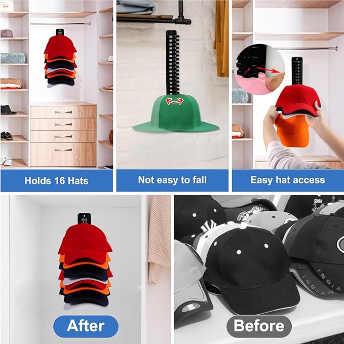 MAGTSMEI Hat Rack for Wall, 2 Packs Hat Organizer for Baseball Caps Adhesive Hat Hooks Hold Up to 32 hats, Hat Storage Displa