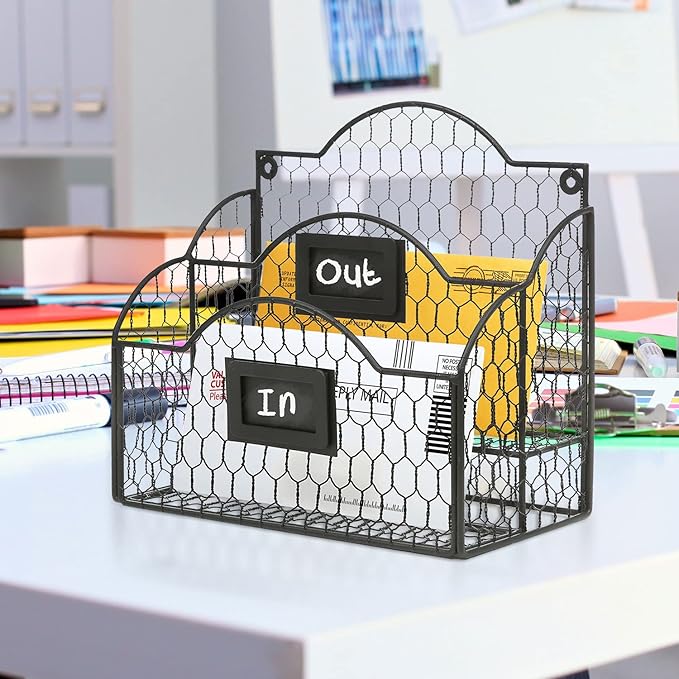 MyGift Metal Wire Basket Desk Organizer, 2 Compartment Inbox/Outbox Black Entryway Wall Mail Sorter, Office Desktop Stationer