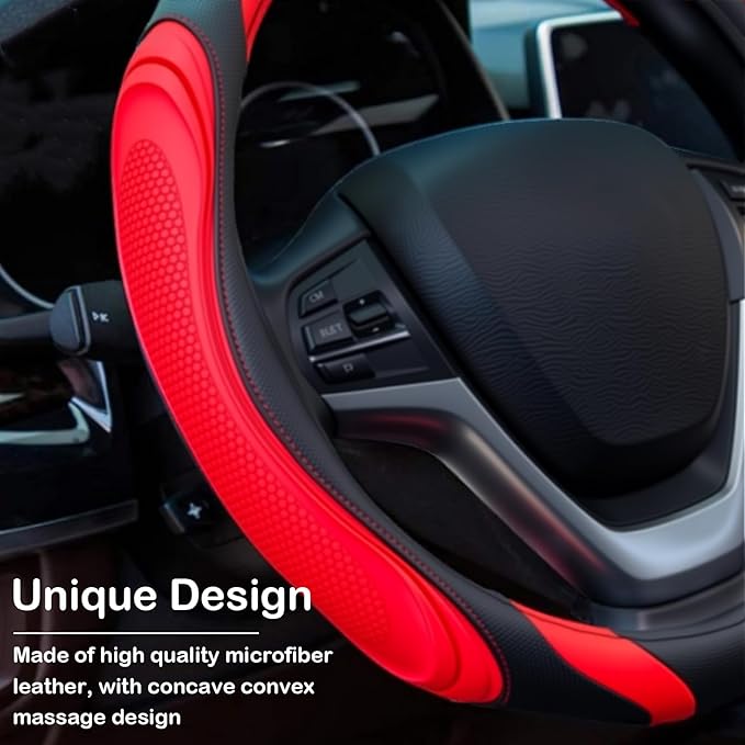 Concave Convex Massage Black Red Microfiber Leather Steering Wheel Cover, 14.5-15 Inch Non-Slip Breathable Microfiber Car Ste