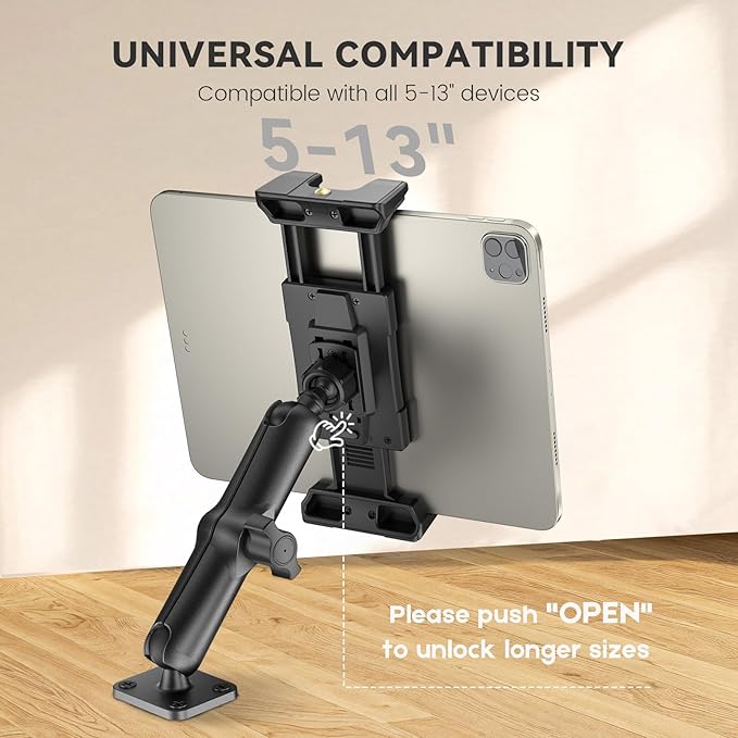 OHLPRO 6" Aluminum Arm Tablet Mount for Truck - Heavy Duty Drill Base Car Tablet Holder Compatible with iPad Samsung Tab 5"-13" Tablets and Phones, for Dashboard/Wall/Business/Desktop, etc.