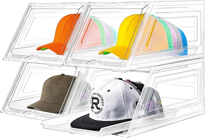 4 Pack Hat Organizer for Baseball Caps,Large Clear Cap Organizer with Drawer,Hats Holder Box for Closet with Sliding Tray,Sta