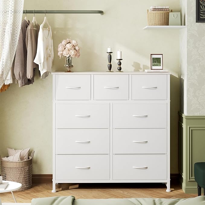 DUMOS Dresser for Bedroom, Storage Organizer with 9 Drawers, Chest of Drawers with Fabric Bins, Sturdy Metal Frame, Wood Tabl