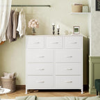 DUMOS Dresser for Bedroom, Storage Organizer with 9 Drawers, Chest of Drawers with Fabric Bins, Sturdy Metal Frame, Wood Tabl