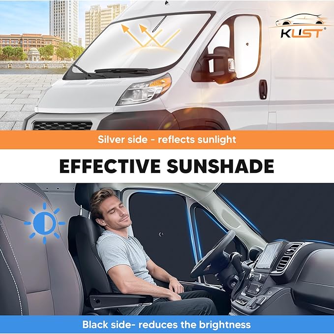 KUST 5-Pack Window Sun Shade for 2014-2025 Dodge RAM ProMaster 1500 2500 3500, Interior Accessories Cargo Van Sunshade Full Coverage Window Shades Silver & Black Shade, Sun Shield Blocks UV Rays Heat