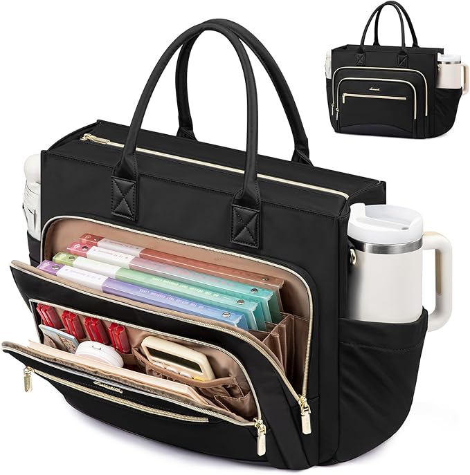 LOVEVOOK Teacher Tote Bag for Women,Laptop bag with Large Cup Holder,Work bag with Accordion File Organizer Pocket,Multi-Pock