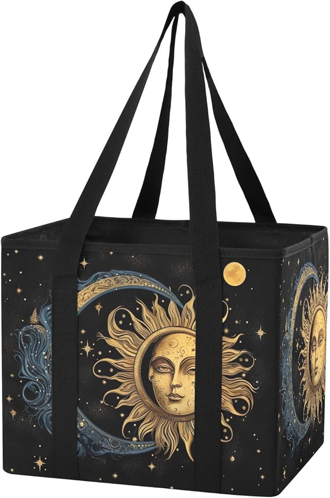Sun and Moon Reusable Grocery Bags Large Shopping Tote Bag with Reinforced Bottom Board, Water Resistant Foldable Storage Bag