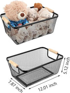 AJIODA Metal Mesh Steel Basket, Medium Wire Storage Organizer Basket Multi-function Hanging Kitchen Basket with Wood Handle f