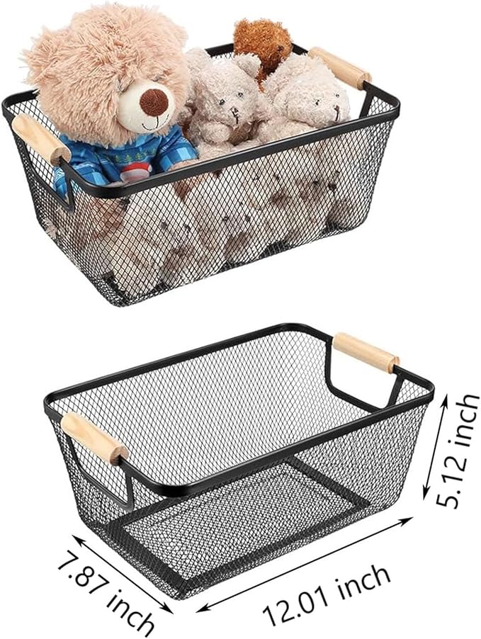 AJIODA Metal Mesh Steel Basket, Medium Wire Storage Organizer Basket Multi-function Hanging Kitchen Basket with Wood Handle f