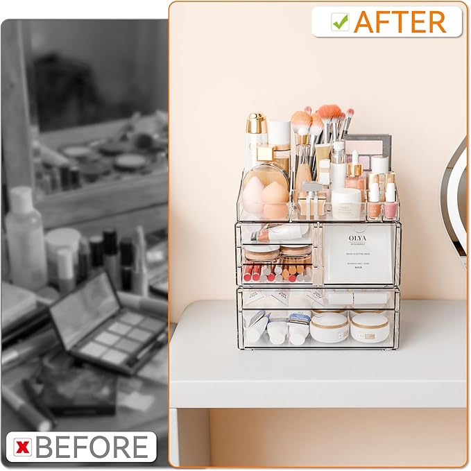 Yieach Acrylic Make up Organizers for Counter,Desk and Vanity,3 Pack Stackable Bathroom Counter Organizer with Drawers,Large 