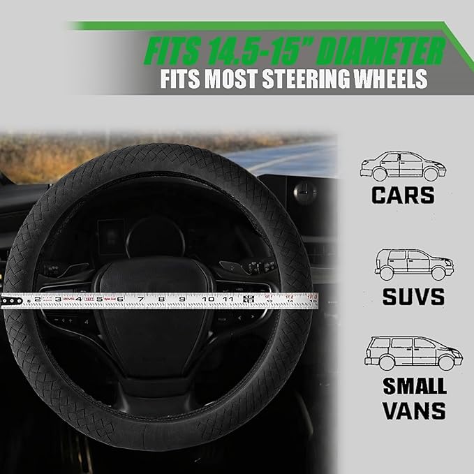 Suede Steering Wheel Cover with Upgraded Silicone Inner Ring, Breathable, Anti-Slip, Leather Universal 14.5 to 15 Inch Steeri