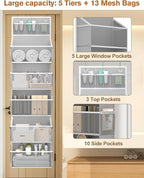 Hanging Yarn Storage Organizer, Large Capacity Knitting Yarn Organizer Storage with 5 Deep Pockets 13 Mesh Bags, Over The Doo