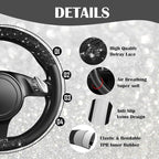 CAR PASS Universal Black Leather Lace Car Seat Covers Full Set for Women Girls,Waterproof Car Floor Mats Carpet,Glitter Steer