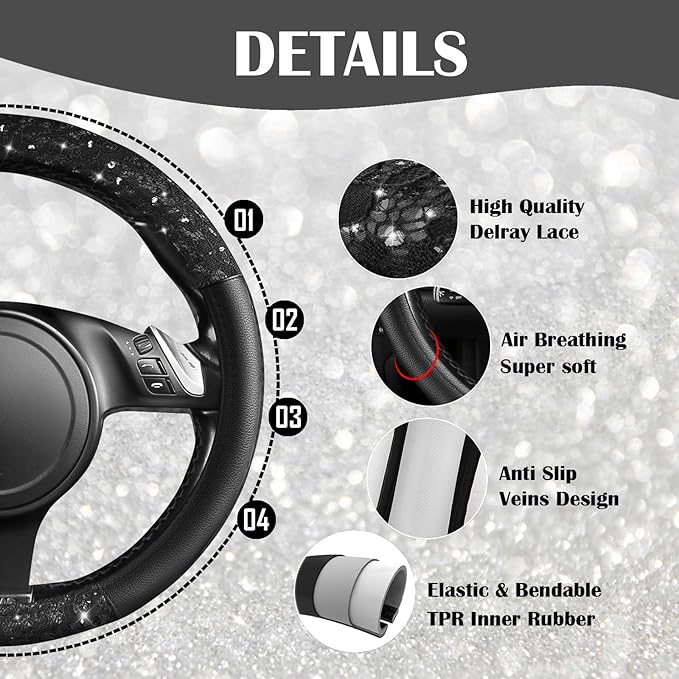 CAR PASS Universal Black Leather Lace Car Seat Covers Full Set for Women Girls,Waterproof Car Floor Mats Carpet,Glitter Steer