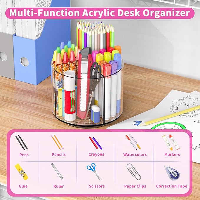 Wawocs Small Pencil Organizer for Desk Acrylic 4 Compartments, Tiny Rotating Art Supply Organizer Kids, Spinning Round Marker