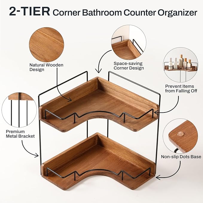 2-Tier Bathroom Counter Organizer, Wooden Corner Shelf for Vanity Countertop Skincare & Makeup, Storage and Organization for 