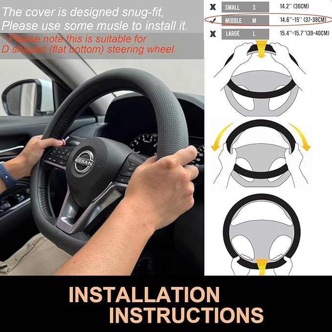 PINCTROT D Shaped Nappa Leather Steering Wheel Cover, Slim Fit No Bulk Design, One Piece Leather with Breathable Perforation,