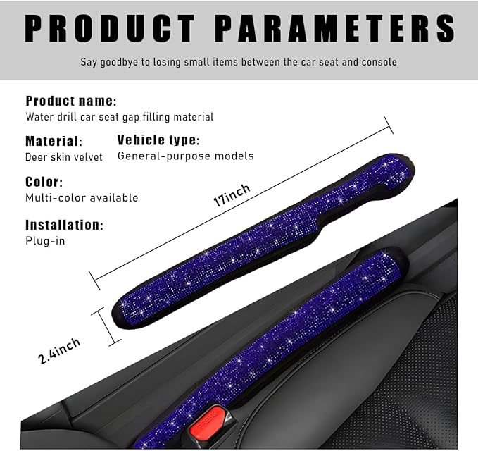 2PCS Bling Car Seat Gap Filler, Sparkling Rhinestone Side Seat Gap Blocker Stop Things from Dropping, Soft Foam Car Truck Filler Blocker Fill The Gaps Between Seats and Console (Blue)